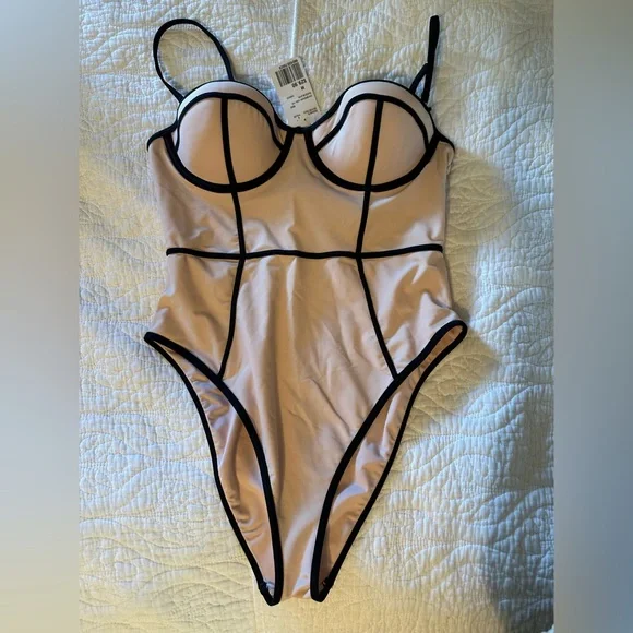 Stylish light beige and black One Piece Swimsuit - removable straps - Picture 1 of 6